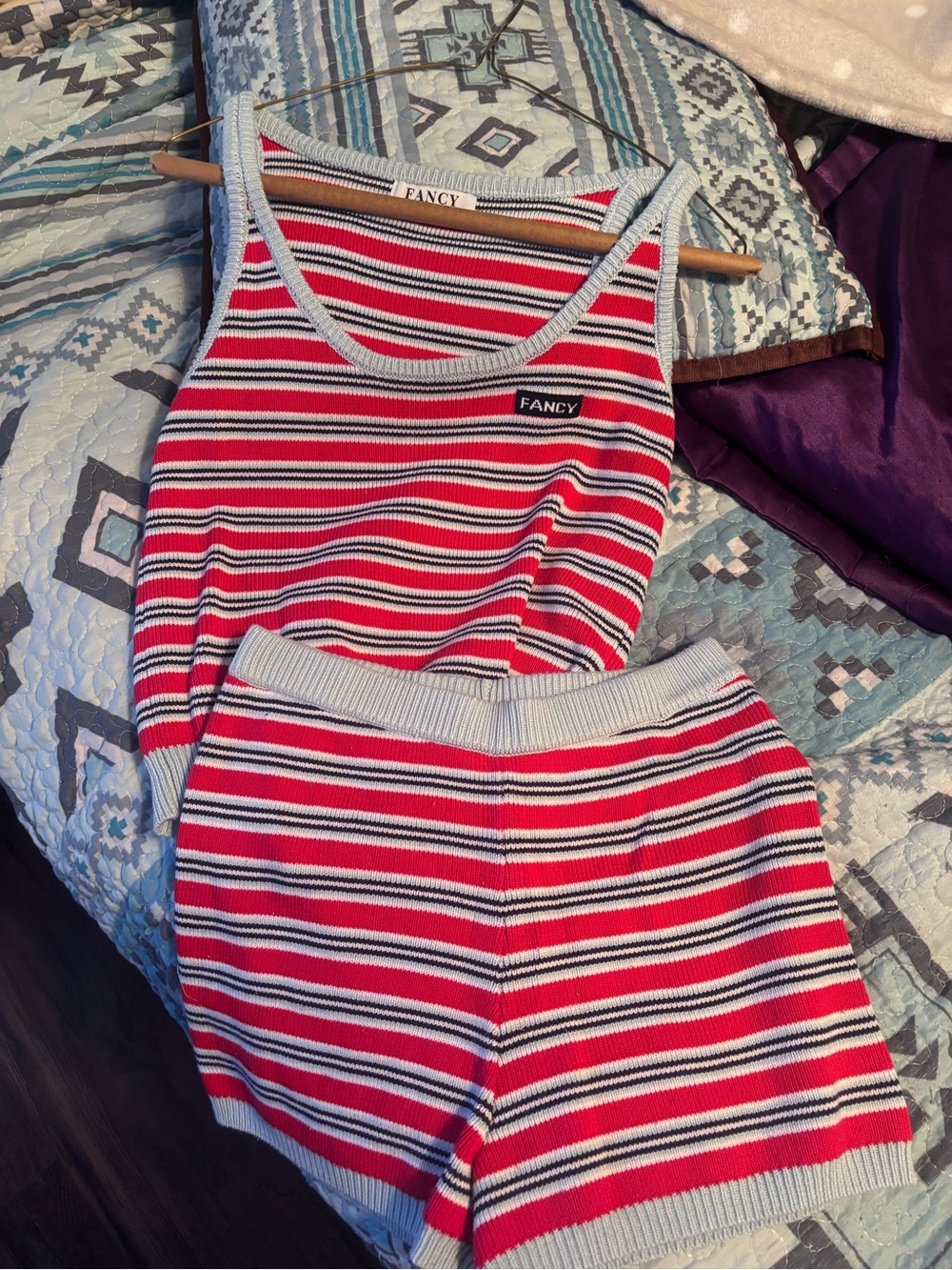 FANCY Striped Knit Tank & Shorts Set in Red, White & Navy